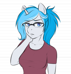 Size: 766x792 | Tagged: safe, artist:askbubblelee, oc, oc only, oc:bubble lee, oc:imago, unicorn, anthro, anthro oc, blue eyes, bust, clothes, female, freckles, glasses, shirt, solo, teenager, younger