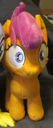 Size: 379x899 | Tagged: safe, artist:chordus, artist:ketika, gabby, scootaloo, griffon, pegasus, pony, g4, cropped, faic, i've seen some shit, irl, photo, plushie, thousand yard stare, wide eyes