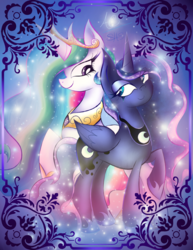 Size: 1024x1325 | Tagged: safe, artist:animechristy, princess celestia, princess luna, g4, duo, lidded eyes, looking at each other, raised hoof, royal sisters, smiling