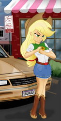 Size: 749x1484 | Tagged: safe, artist:ltrm35a2, applejack, equestria girls, g4, applejack's skirt, boots, car, cellphone, chevrolet, chevrolet monte carlo, clothes, cowboy hat, denim skirt, female, hat, phone, shop, skirt, solo, stetson