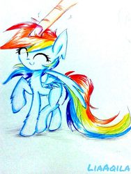 Size: 480x640 | Tagged: safe, artist:liaaqila, rainbow dash, pony, g4, cute, dashabetes, female, finger, happy, micro, solo, tiny ponies, traditional art