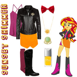 Size: 600x600 | Tagged: source needed, safe, sunset shimmer, equestria girls, g4, boots, bow, bowtie, clothes, cosplay, costume, high heel boots, inspired outfits, jacket, jewelry, leather jacket, nail polish, necklace, ring, skirt, socks