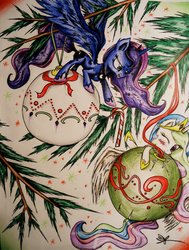 Size: 1024x1356 | Tagged: safe, artist:cre8ivewing, princess celestia, princess luna, g4, blushing, candy, candy cane, christmas ornament, decoration, food, micro, royal sisters, tongue out, traditional art