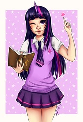 Size: 1141x1683 | Tagged: safe, artist:pandykissu, twilight sparkle, human, g4, book, clothes, female, horn, horned humanization, humanized, looking at you, one eye closed, school uniform, solo, wink