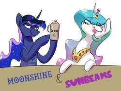 Size: 1600x1200 | Tagged: safe, artist:underpable, princess celestia, princess luna, pony, ask sunshine and moonbeams, g4, :o, alcohol, blush sticker, blushing, clothes, eyes on the prize, female, hat, heart, hoof hold, lidded eyes, mare, moonshine, open mouth, overalls, parody, pointing, redneck, royal sisters, simple background, smiling, smirk, white background, wide eyes