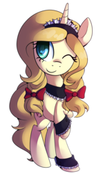 Size: 865x1447 | Tagged: safe, artist:drawntildawn, oc, oc only, oc:vive, pony, unicorn, bow, clothes, cuffs (clothes), female, hair bow, maid, mare, one eye closed, raised hoof, simple background, solo, transparent background, wink