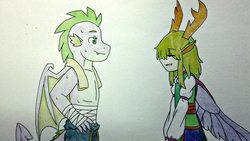 Size: 2040x1147 | Tagged: safe, artist:fantasygerard2000, spike, thorax, changedling, dragon, human, anthro, g4, to where and back again, blushing, clothes, crayon drawing, eyes closed, femboy, gay, hand on hip, humanized, king thorax, male, older, older spike, open mouth, partial nudity, ship:thoraxspike, shipping, sketch, spread wings, topless, traditional art, winged humanization, winged spike, wings, wip
