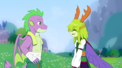 Size: 1786x1005 | Tagged: safe, artist:fantasygerard2000, spike, thorax, changedling, human, anthro, g4, to where and back again, clothes, eared humanization, femboy, flower, gay, grass, horn, horned humanization, humanized, king thorax, male, older, older spike, partial nudity, ship:thoraxspike, shipping, topless, tree, winged humanization, winged spike, wings