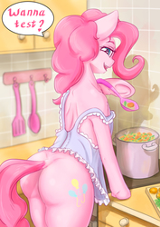 Size: 2480x3508 | Tagged: safe, artist:alcor, pinkie pie, earth pony, pony, semi-anthro, g4, apron, butt, carrot, clothes, cooking, female, food, high res, hoof hold, human shoulders, inviting, inviting you, kitchen, mare, nightgown, off shoulder, oven, plot, seductive look, solo, spoon, stove, stupid sexy pinkie, underhoof