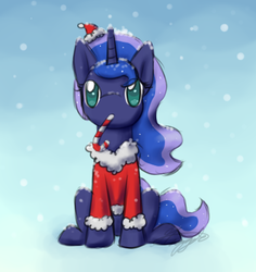 Size: 391x414 | Tagged: safe, artist:silviawinter, princess luna, g4, candy, candy cane, clothes, costume, female, food, hat, looking at you, mouth hold, santa costume, santa hat, sitting, snow, solo