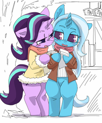 Size: 500x600 | Tagged: safe, artist:8->, starlight glimmer, trixie, pony, g4, bipedal, blushing, clothes, female, floppy ears, lesbian, lidded eyes, looking at each other, open mouth, paper, pixiv, scarf, ship:startrix, shipping, smiling, translated in the comments