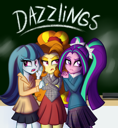 Size: 1024x1113 | Tagged: dead source, safe, artist:wubcakeva, adagio dazzle, aria blaze, sonata dusk, equestria girls, g4, chalkboard, clothes, crossed arms, heathers, parody, pigtails, skirt, the dazzlings, trio, twintails