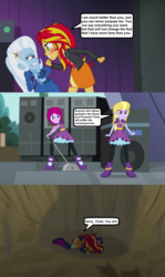 Size: 1278x2140 | Tagged: safe, artist:themexicanpunisher, fuchsia blush, lavender lace, sunset shimmer, trixie, equestria girls, g4, my little pony equestria girls: rainbow rocks, comic, female, screencap comic, speaker, tree, trixie and the illusions