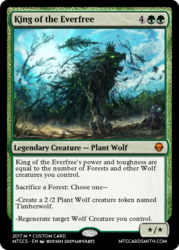 Size: 375x523 | Tagged: safe, artist:huussii, edit, editor:mordekaiserhuehuehue, spike, timber wolf, g4, badass, beautiful, card, crown, glowing eyes, jewelry, king timber wolf, magic the gathering, majestic, regalia, scene interpretation, size difference, technically advanced, trading card, trading card edit