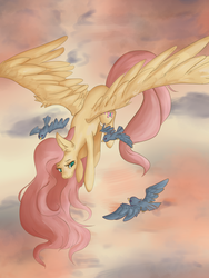 Size: 1024x1365 | Tagged: safe, artist:sketchyamy, fluttershy, bird, g4, cloud, female, flying, sky, solo, spread wings