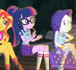 Size: 337x310 | Tagged: safe, screencap, rarity, sci-twi, sunset shimmer, twilight sparkle, equestria girls, g4, my little pony equestria girls: legend of everfree, animated, bracelet, camera pan, cropped, female, gif, glasses, jewelry, smug, smugset shimmer