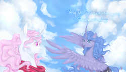 Size: 7000x4000 | Tagged: safe, artist:coconuthound, princess celestia, princess luna, alicorn, pony, g4, absurd resolution, cloud, crying, dialogue, female, flying, looking at each other, pink-mane celestia, royal sisters, sky, spread wings, teary eyes, windswept mane