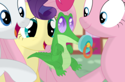 Size: 3453x2252 | Tagged: safe, artist:porygon2z, fluttershy, gummy, pinkie pie, rarity, alligator, reptile, g4, the one where pinkie pie knows, door, high res, hoof hold, pacifier, scene interpretation