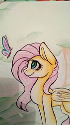 Size: 585x1040 | Tagged: safe, artist:demim0n, fluttershy, butterfly, g4, color correction, female, folded wings, looking at something, looking up, profile, solo, standing, stray strand, traditional art, tree