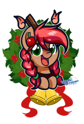 Size: 839x1224 | Tagged: safe, artist:xwhitedreamsx, oc, oc only, oc:apple cinnamon, earth pony, pony, apple, bell, bells, christmas wreath, female, food, mare, simple background, solo, transparent background