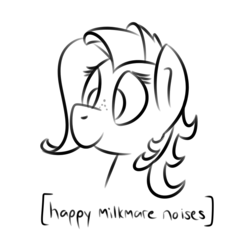 Size: 800x800 | Tagged: safe, artist:glimglam, oc, oc only, oc:milky way, bust, descriptive noise, freckles, horse noises, meme, monochrome, simple background, smiling, solo, white background