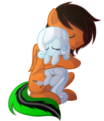 Size: 1421x1653 | Tagged: safe, artist:drawntildawn, oc, oc only, oc:snowdrop, pegasus, pony, cute, duo, eyes closed, female, filly, hug, male, ocbetes, simple background, sitting, stallion, transparent background