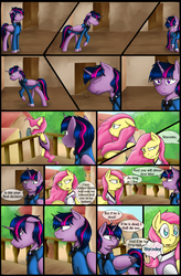 Size: 1280x1947 | Tagged: safe, artist:stuflox, fluttershy, twilight sparkle, alicorn, pony, comic:the count of monte rainbow, the count of monte rainbow, g4, balcony, clothes, comic, dress, implied rainbow dash, mondego, monsparkle, pacing, shycedes, snorting, suit, the count of monte cristo, twilight sparkle (alicorn)