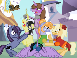 Size: 2048x1536 | Tagged: safe, artist:kindheart525, oc, oc only, oc:in clover, oc:moonstone, oc:silk stocking, oc:upscale, oc:velvet shade, oc:well hooved, alicorn, bat, pony, kindverse, alicorn oc, black eye, blood, canterlot, clothes, covering eyes, crying, ear piercing, earring, fight, jewelry, magical lesbian spawn, necklace, next generation, nosebleed, offspring, parent:good king sombra, parent:jet set, parent:king sombra, parent:maud pie, parent:princess celestia, parent:trixie, parent:upper crust, parents:celestibra, parents:mauxie, parents:upperset, piercing, scarf, this will end in tears and/or death