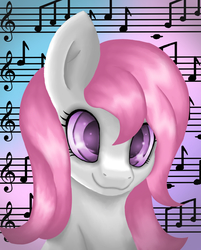 Size: 3873x4814 | Tagged: safe, artist:legenddestroye, oc, oc only, oc:cherry snow, absurd resolution, bust, close-up, commission, music, music notes, portrait, solo