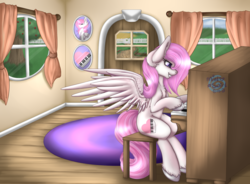 Size: 1567x1152 | Tagged: safe, artist:mintswirl, oc, oc only, oc:cherry snow, pegasus, pony, carpet, commission, door, female, mare, musical instrument, piano, sitting, solo, window