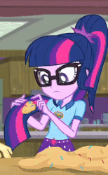 Size: 180x293 | Tagged: safe, screencap, fluttershy, sci-twi, twilight sparkle, equestria girls, g4, my little pony equestria girls: legend of everfree, animated, cookie dough, cropped, female, food, gif, glasses, sprinkles