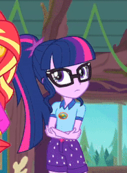 Size: 242x328 | Tagged: safe, screencap, sci-twi, sunset shimmer, twilight sparkle, equestria girls, g4, my little pony equestria girls: legend of everfree, animated, cropped, female, gif, glasses, tree