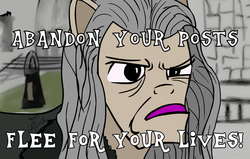 Size: 870x553 | Tagged: safe, artist:chopsticks, pony, abandon all hope, abandon thread, caption, close-up, denethor, elderly, gondor, lord of the rings, meme, motivational speech, ponified, post, rule 85, solo, text