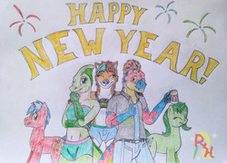 Size: 3154x2275 | Tagged: safe, artist:redhoofsketch, oc, oc only, dinosaur, fox, anthro, belly button, clothes, fireworks, furry, group photo, happy new year, high res, midriff, shorts, traditional art, tube top