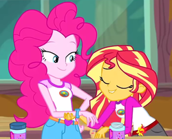 Size: 896x725 | Tagged: safe, screencap, pinkie pie, sunset shimmer, equestria girls, g4, my little pony equestria girls: legend of everfree, camp everfree outfits, clothes, context is for the weak, cropped, duo, female, heart, lidded eyes, lip bite, out of context, shorts, sprinkles