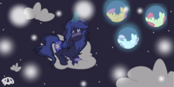 Size: 1196x598 | Tagged: safe, artist:rico-asume27, apple bloom, scootaloo, sweetie belle, oc, oc:night light, g4, blushing, bubble, cloud, cutie mark crusaders, glowing horn, horn, sleeping