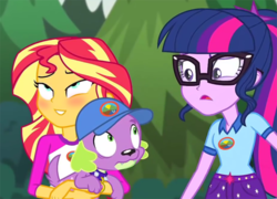 Size: 2611x1884 | Tagged: safe, edit, edited screencap, screencap, sci-twi, spike, spike the regular dog, sunset shimmer, twilight sparkle, dog, equestria girls, g4, my little pony equestria girls: legend of everfree, blushing, frown, glasses, grin, hat, inverted mouth, lidded eyes, male, open mouth, raised eyebrow, ship:sunsetspike, shipping, smiling, straight, wide eyes, worried