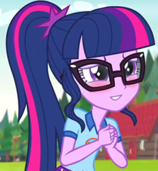 Size: 1864x2015 | Tagged: safe, edit, edited screencap, screencap, sci-twi, twilight sparkle, equestria girls, g4, my little pony equestria girls: legend of everfree, blushing, cropped, cute, female, house, inverted mouth, solo, tree, twiabetes