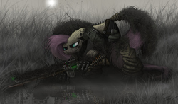 Size: 4000x2350 | Tagged: safe, artist:imthecasual, fluttershy, g4, camouflage, female, fog, ghillie suit, gun, headset, mechanical hands, military, reflection, rifle, sniper, snipershy, solo, water, weapon