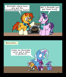 Size: 1748x2053 | Tagged: safe, artist:bobthedalek, starlight glimmer, sunburst, trixie, pony, unicorn, g4, backwards cutie mark, clothes, comic, crossdressing, cup, cute, dialogue, doll, drink, duster, female, fireplace, glowing horn, green background, hearth, horn, levitation, log, magic, magician outfit, maid, mare, open mouth, playing, scarf, simple background, smiling, telekinesis, toy, trixie's cape, trixie's hat