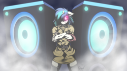 Size: 1921x1080 | Tagged: safe, artist:quynzel, dj pon-3, vinyl scratch, anthro, g4, anime, bass cannon, crossed arms, crossover, female, floppy ears, hellsing, hellsing ultimate abridged, looking at you, nowacking, seras victoria, smoke, solo, speaker, vinyl the vampire, voice actor joke