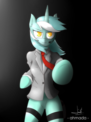 Size: 2472x3315 | Tagged: safe, artist:ahmadafadhil, lyra heartstrings, anthro, g4, arm hooves, barbie doll anatomy, bottomless, clothes, female, gradient background, headset, high res, looking at you, partial nudity, solo, underhoof