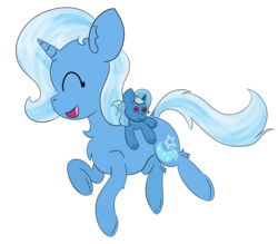 Size: 1370x1200 | Tagged: safe, artist:twittershy, trixie, pony, g4, chest fluff, cute, diatrixes, eyes closed, female, fluffy, happy, open mouth, plushie, raised hoof, running, simple background, smiling, solo, toy, transparent background