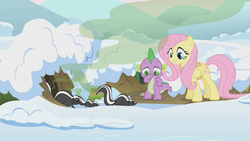 Size: 1280x720 | Tagged: safe, screencap, fluttershy, spike, dragon, pegasus, pony, skunk, g4, winter wrap up, animal, animal team, burrow, clothes, female, male, mare, nose pinch, plugged nose, skunk spray, smell, smelly, smiling, snow, this will end in a tomato juice bath, visible stench, winter, winter wrap up vest
