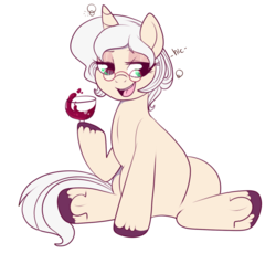 Size: 719x660 | Tagged: safe, artist:lulubell, oc, oc only, oc:allure, pony, unicorn, alcohol, commission, drunk, glasses, sitting, solo, wine, wine glass, ych result