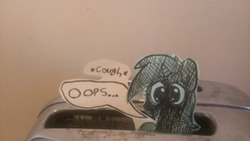 Size: 500x281 | Tagged: safe, artist:davierocket, lyra heartstrings, pony, unicorn, g4, accident, burnt, coughing, craft, irl, paper child, papercraft, photo, ponies in real life, solo, tiny ponies, toaster, traditional art