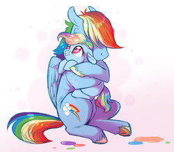 Size: 900x783 | Tagged: safe, artist:vindhov, rainbow dash, oc, oc:silver lining (vindhov), pegasus, pony, g4, crying, duo, female, filly, floppy ears, hair dye, holding a pony, hug, mother and daughter, offspring, parent:rainbow dash, parent:wind rider, parents:windash