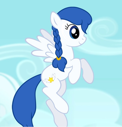 Size: 599x623 | Tagged: safe, artist:mellowhen, oc, oc only, oc:moonlight, pegasus, pony, braid, cloud, colored, cute, cutie mark, female, flying, living in equestria, mare, smiling, solo, spread wings