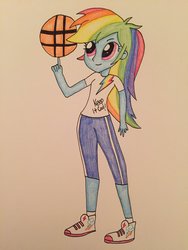 Size: 1024x1365 | Tagged: safe, artist:infernapelover, rainbow dash, equestria girls, g4, basketball, clothes, cute, female, pants, shoes, sneakers, solo, sporty style, traditional art