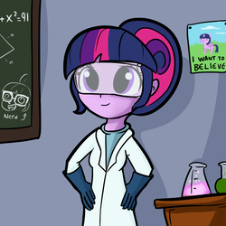 Size: 1080x1080 | Tagged: safe, artist:tjpones, sci-twi, twilight sparkle, equestria girls, g4, chalkboard, clothes, cute, erlenmeyer flask, female, flask, florence flask, goggles, i want to believe, lab coat, nerd, poster, safety goggles, solo, the x files